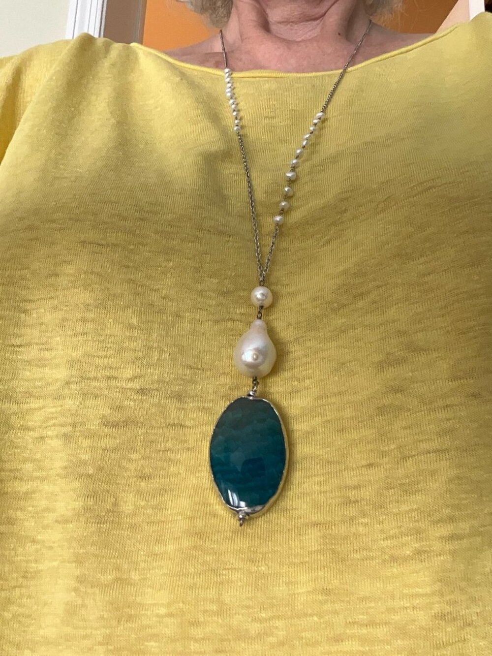 Silver with Blue Agate and freshwater pearl necklace NWT